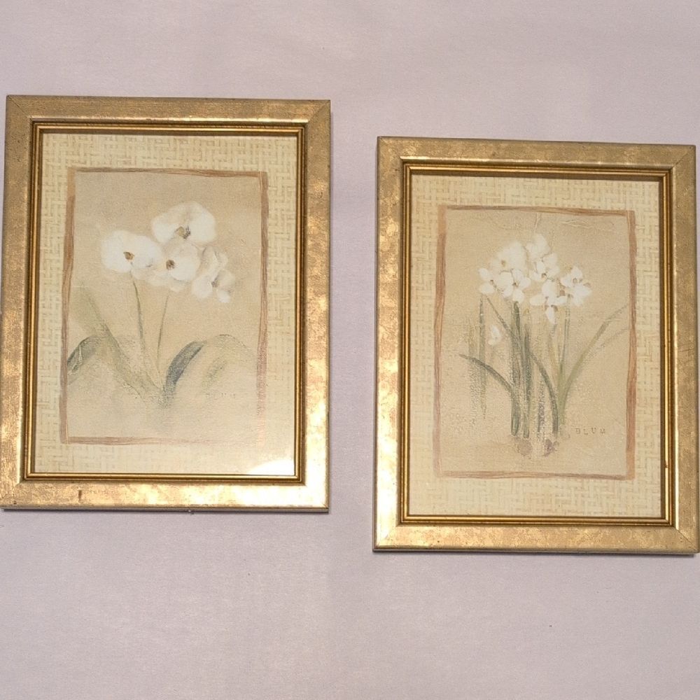 Gold Framed Vintage Cherie Blum Mini Whites Floral Art Prints Made in USA